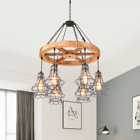 Suspension Wooden Wagon Wheel Chandelier - Rustic 6/8-Light Fixture with Wire Cage for Dining Hall Ceiling