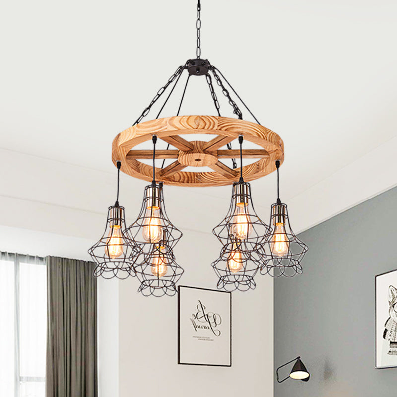 Wood Suspension Wagon Wheel Chandelier For Dining Hall - 6/8-Light Ceiling Fixture With Wire Cage 6