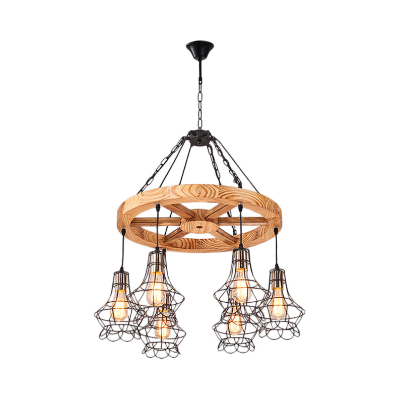 Suspension Wooden Wagon Wheel Chandelier - Rustic 6/8-Light Fixture with Wire Cage for Dining Hall Ceiling