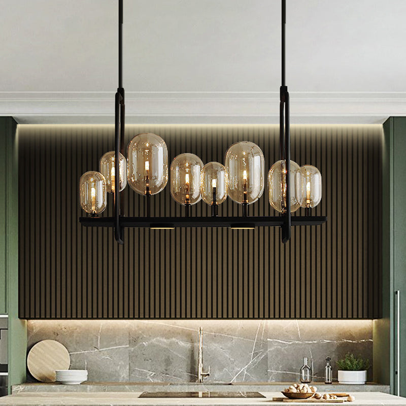 Industrial Amber Glass Hanging Light Fixture - Capsule Restaurant Island Lighting (6/8 Bulbs Black)