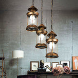 Coastal Kerosene 3-Head Pendant Lamp In Brass With Clear Ribbed Glass Shade