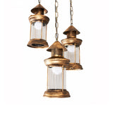 Coastal Kerosene 3-Head Pendant Lamp In Brass With Clear Ribbed Glass Shade