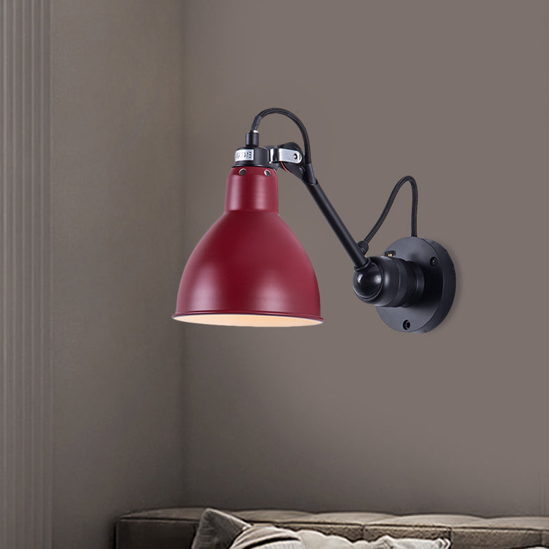 Industrial Black/Red/Yellow Swing Arm Wall Reading Lamp Single Bowl Shade Sconce Light Red