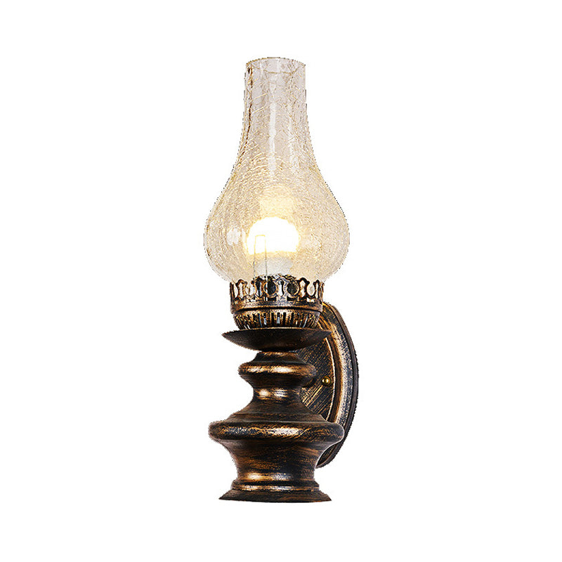 Vintage Kerosene Sconce With Clear Crackle Glass And Brass Wall Mount