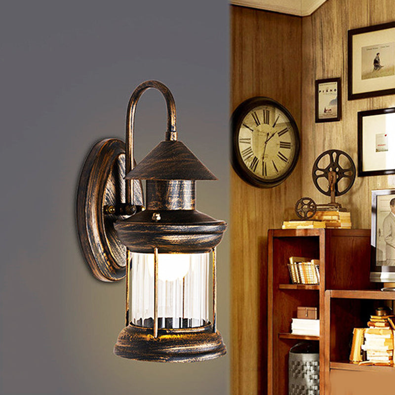Coastal Brass Metallic Lantern Wall Mount Lamp With Curvy Arm - 1 Bulb Sconce