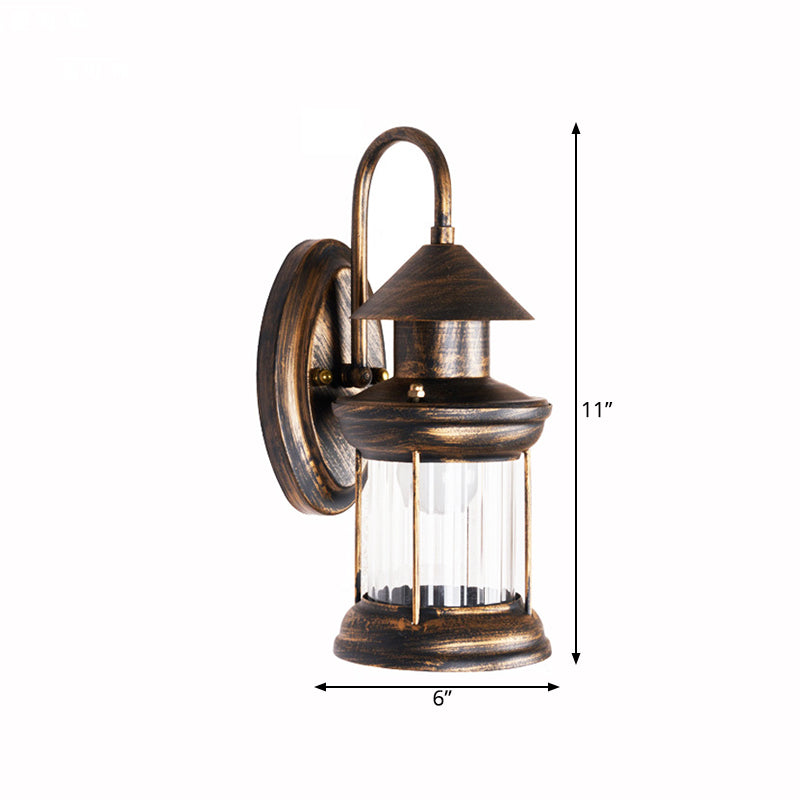Coastal Brass Metallic Lantern Wall Mount Lamp With Curvy Arm - 1 Bulb Sconce