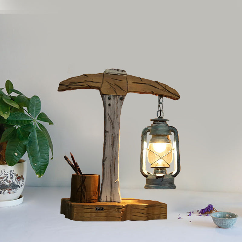 Coastal Beige Wooden Nightstand Lamp With Axe Shape: Pen Container And Table Light Wood