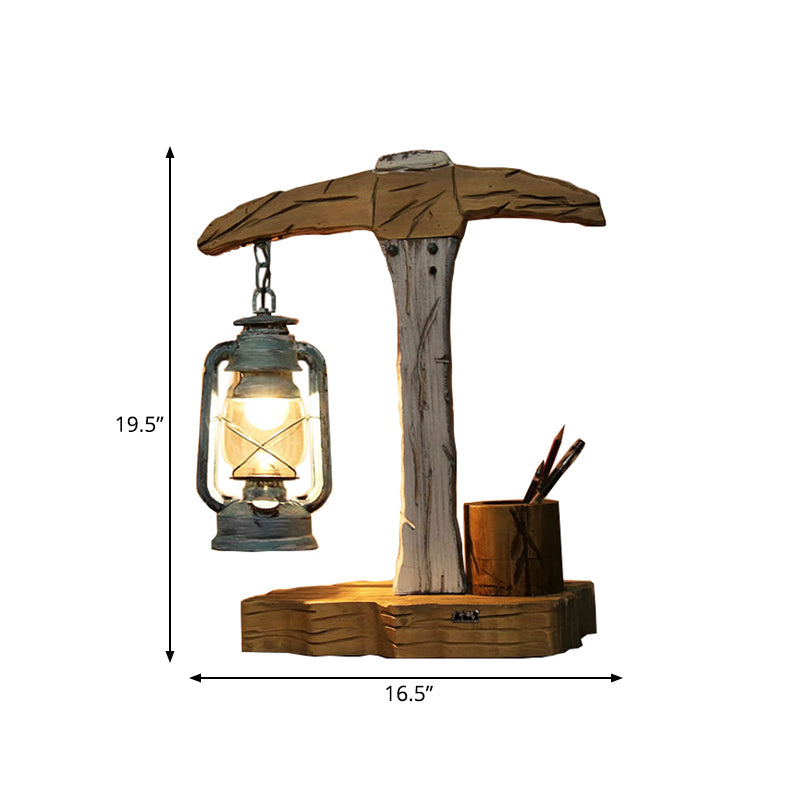 Coastal Beige Wooden Nightstand Lamp With Axe Shape: Pen Container And Table Light