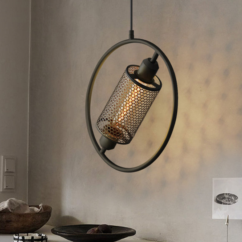 Colonial Cylinder Metal Mesh Pendant Lamp - 1 Bulb Hanging Ceiling Light (14/18) Black/Gold With
