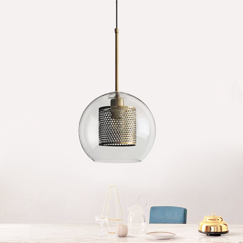 Cylindrical Colonial Metal Mesh Bedroom Pendant Light With Clear Glass Shade Bronze/Silver Gray