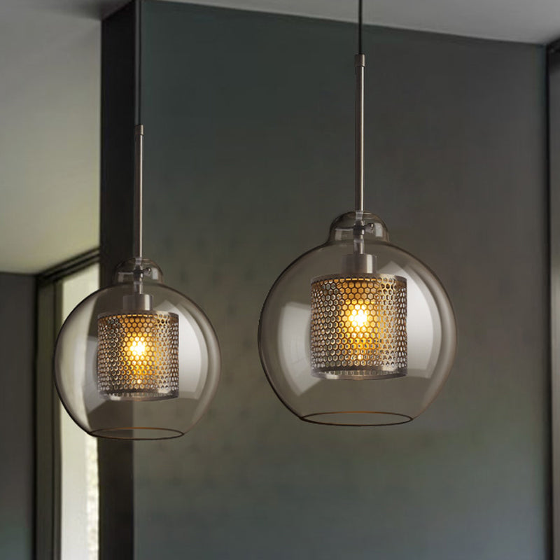 Clear Glass Globe Pendant Colonial 1 Head Restaurant Down Lighting - Bronze/Silver Gray With Metal