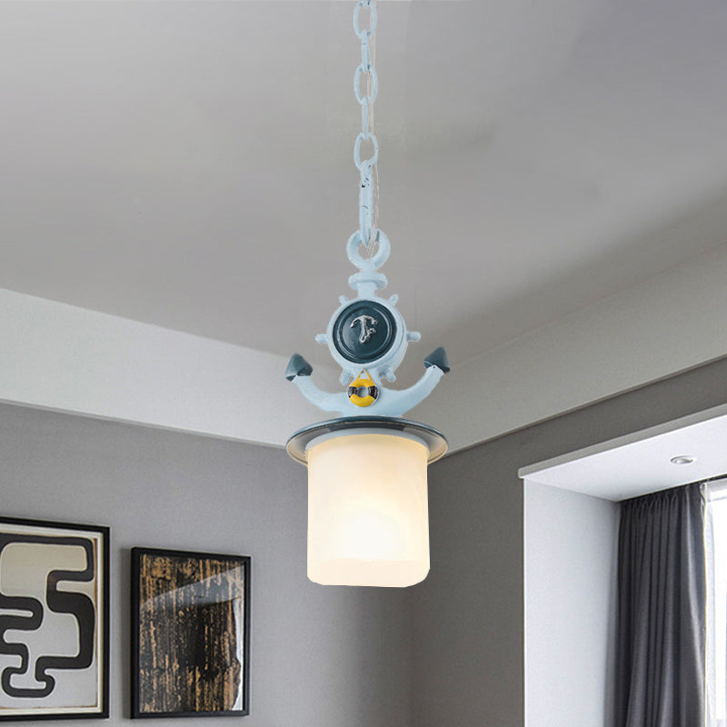 Frosted Glass Cylinder Pendant Light- Kids 1-Head Blue Suspension Lamp With Anchor Design- Living