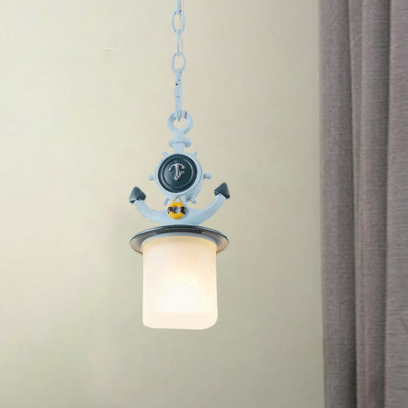Frosted Glass Cylinder Pendant Light- Kids 1-Head Blue Suspension Lamp With Anchor Design- Living