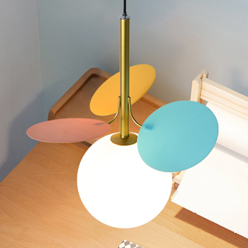 Nordic Globe Suspension Light - White Glass 1-Bulb Bedroom Pendant Lamp With Red And Blue Accents