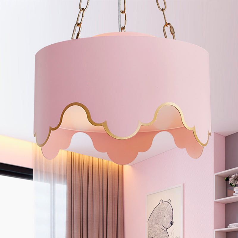 Kids Pink Drum Pendant Ceiling Light: Ruffled Edge Iron 1-Bulb Suspension Lamp For Nursery