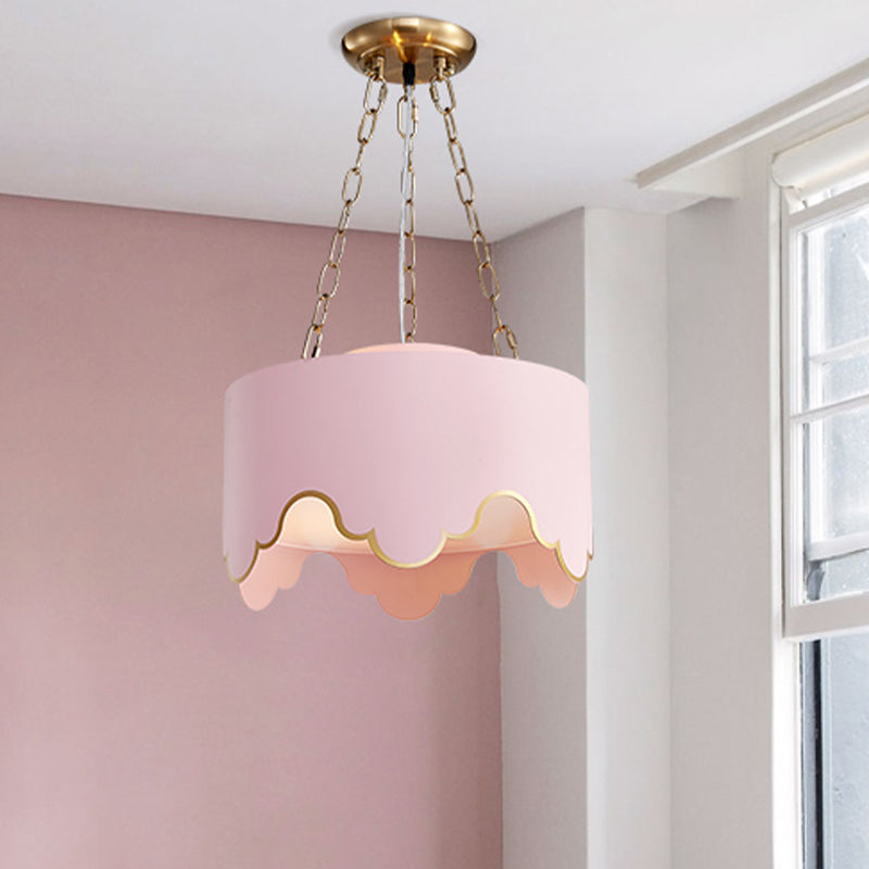 Kids Pink Drum Pendant Ceiling Light: Ruffled Edge Iron 1-Bulb Suspension Lamp For Nursery