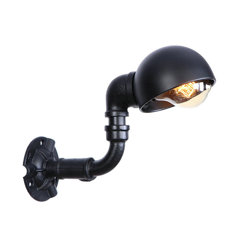 Vintage Bowl Shade Sconce Wall Light - Metallic 1-Light Lamp In Black With Pipe