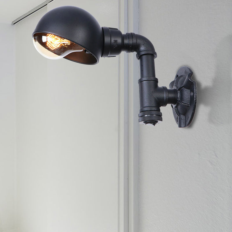 Vintage Bowl Shade Sconce Wall Light - Metallic 1-Light Lamp In Black With Pipe / A