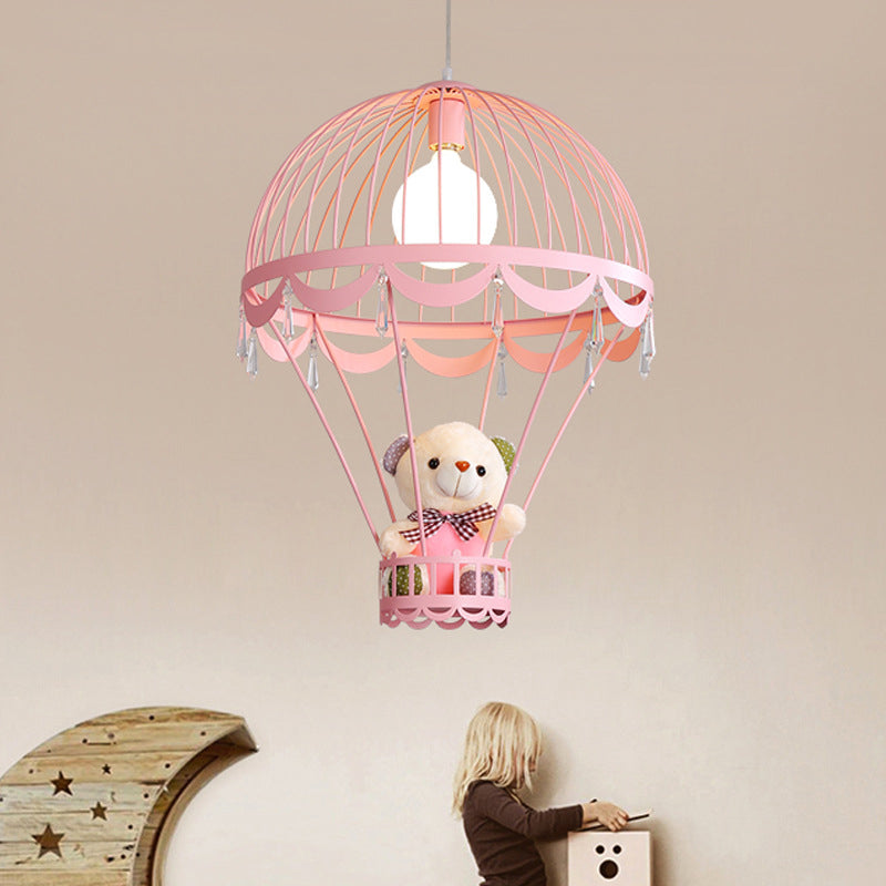 Kids Hot Air Balloon Ceiling Light - Pink/Blue Hanging Pendant Lamp With Bear Decoration Pink