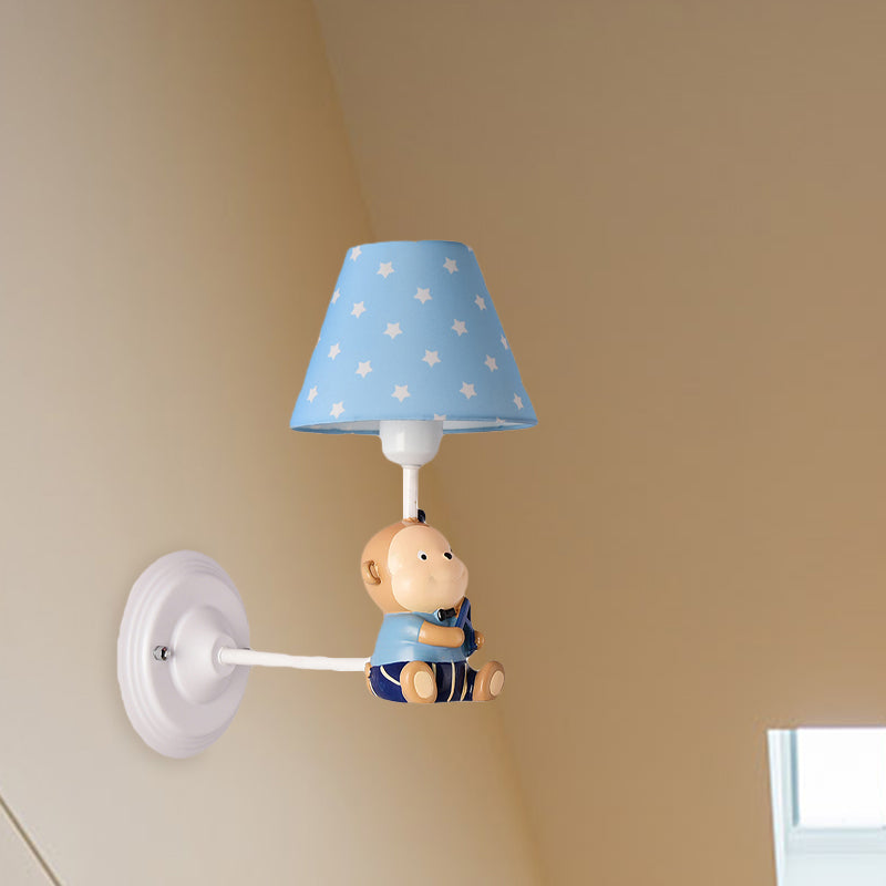 Kids Cone Bedside Wall Light In Blue/Red - Cartoon Sconce With Little Bear Decor Blue