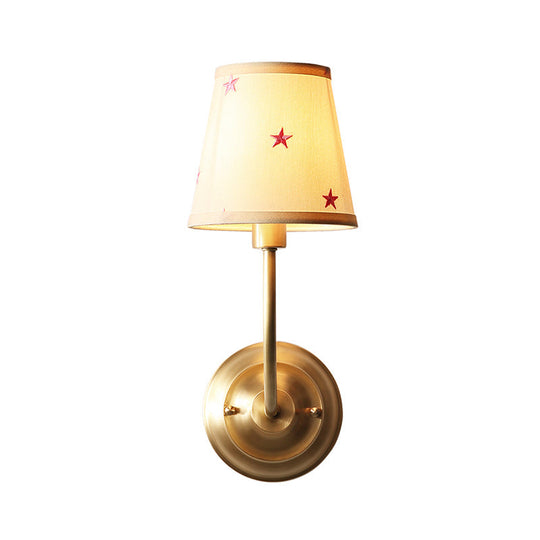 Kids White Wall Light Kit With Conical Star Patterned Fabric Sconce Brass Curvy Arm & 1 Bulb