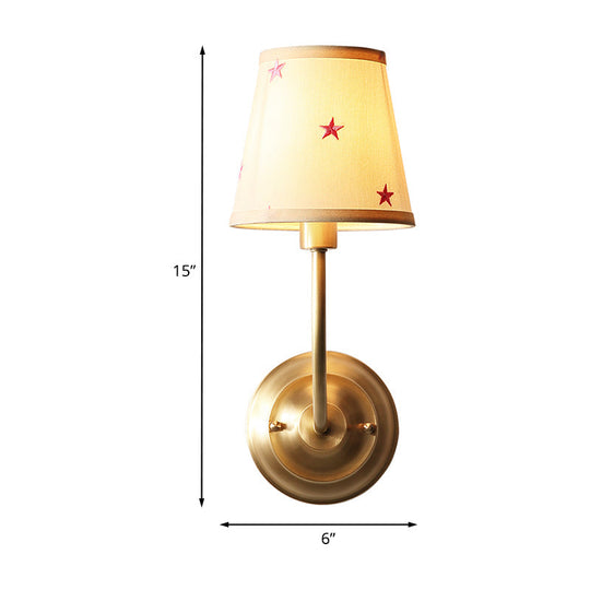 Kids White Wall Light Kit With Conical Star Patterned Fabric Sconce Brass Curvy Arm & 1 Bulb