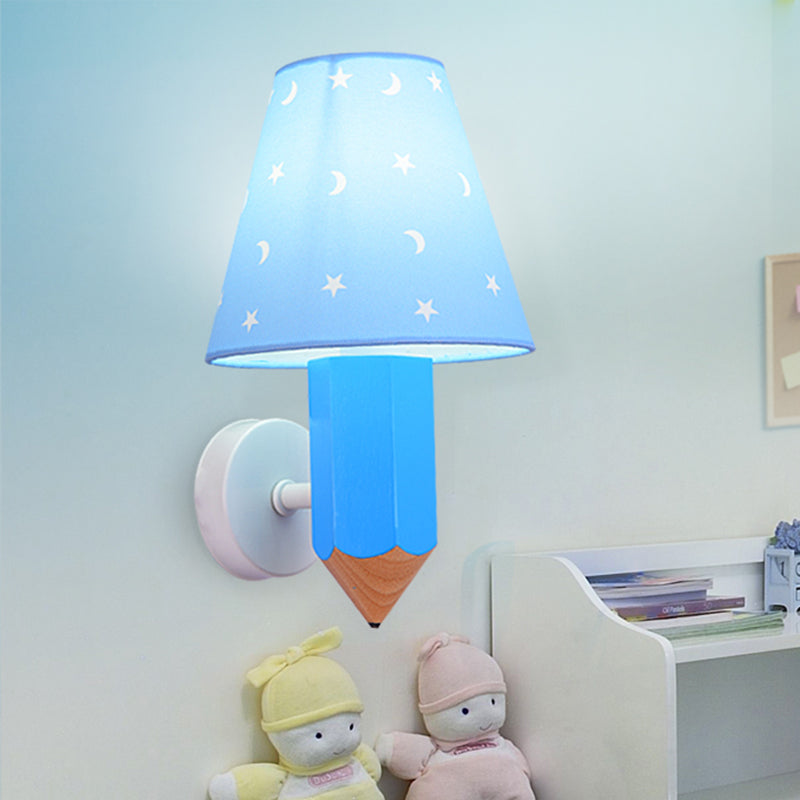 Blue Kids Pencil Wooden Wall Sconce With Conic Lamp Shade - Single-Bulb Light Fixture