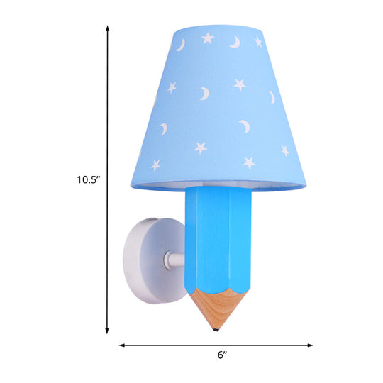 Blue Kids Pencil Wooden Wall Sconce With Conic Lamp Shade - Single-Bulb Light Fixture