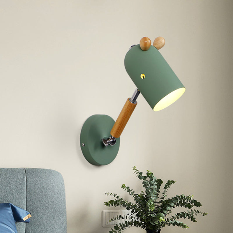 Iron Swing Arm Wall Lamp Kids Sconce Fixture - White/Green/Grey Wood 1 Bulb Venting Hole Green