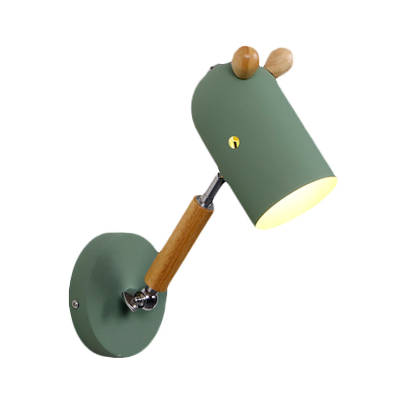 Iron Swing Arm Wall Lamp Kids Sconce Fixture - White/Green/Grey Wood 1 Bulb Venting Hole
