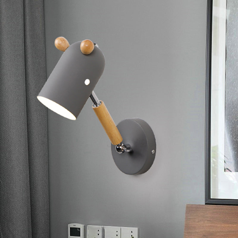 Iron Swing Arm Wall Lamp Kids Sconce Fixture - White/Green/Grey Wood 1 Bulb Venting Hole Grey