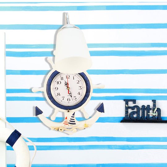 White-Blue Wood Sconce Light With Flexible Gooseneck And Fun Nautical Theme For Kids