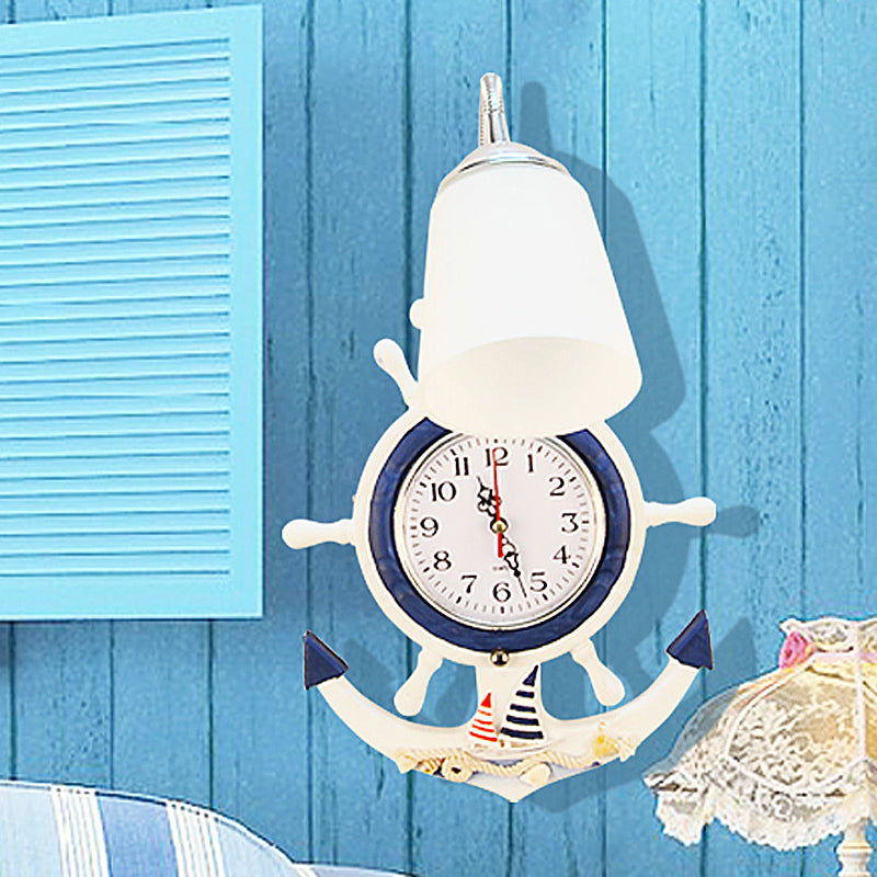 White-Blue Wood Sconce Light With Flexible Gooseneck And Fun Nautical Theme For Kids