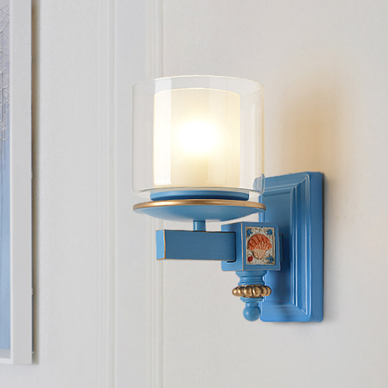 Kids Clear And Frosted Glass Wall Lamp Kit With Blue Arm - Child Room Sconce Fixture 2 Shades 1 Head