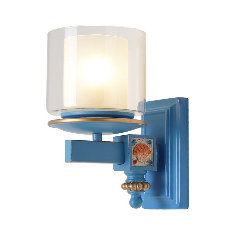 Kids Clear And Frosted Glass Wall Lamp Kit With Blue Arm - Child Room Sconce Fixture 2 Shades 1 Head