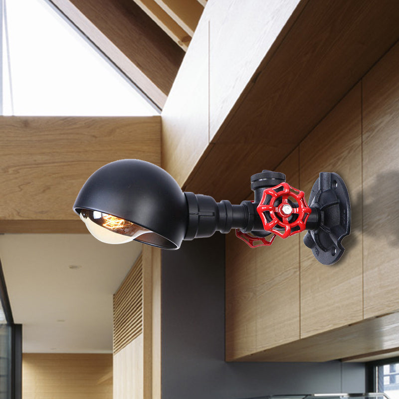 Industrial Half Globe Wall Lamp With Red Valve Decoration In Black - 1 Light Metal Sconce / B
