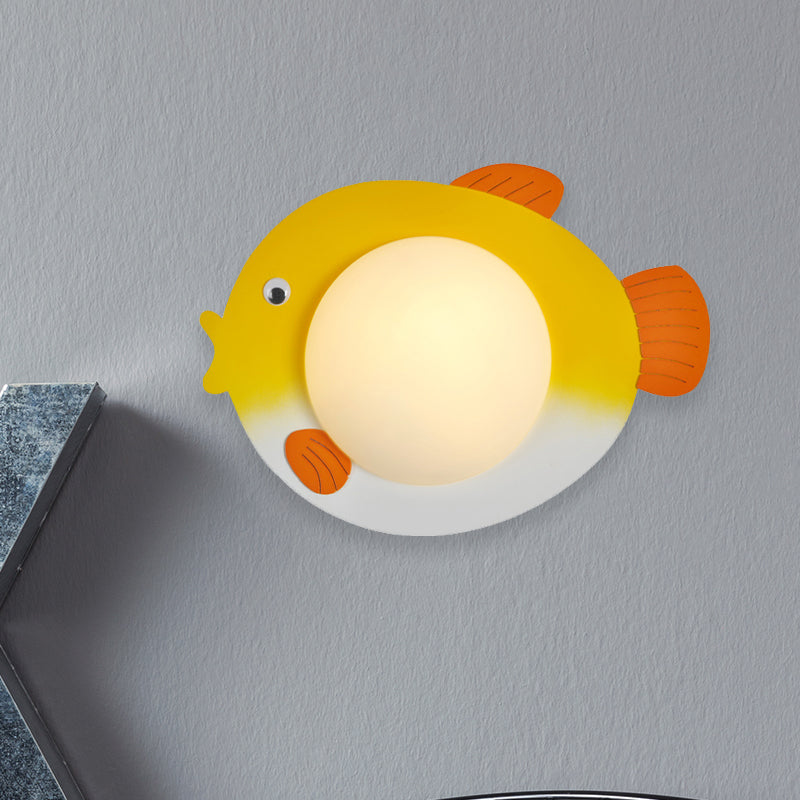 Frosted Glass Mini Sphere Sconce Kids Wall Light With Fish Backplate - Blue/Yellow Led Warm/White
