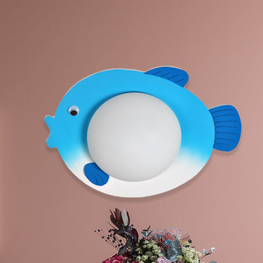 Frosted Glass Mini Sphere Sconce Kids Wall Light With Fish Backplate - Blue/Yellow Led Warm/White