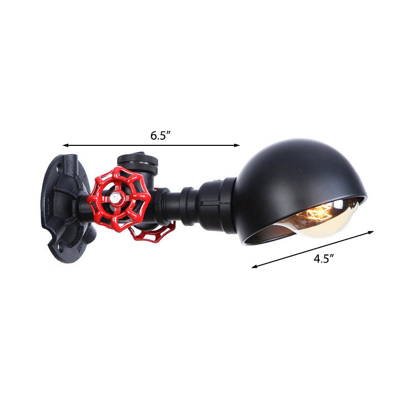 Industrial Half Globe Wall Lamp With Red Valve Decoration In Black - 1 Light Metal Sconce