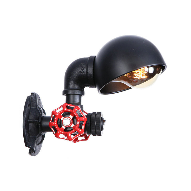Vintage Pipe Wall Light With Dome Shade And Valve Wheel - Metallic Black Sconce Fixture