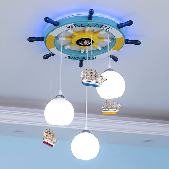 Glass Rudder Pendant Light - 3-Bulb Ceiling For Kids Room Cream/Dark Blue