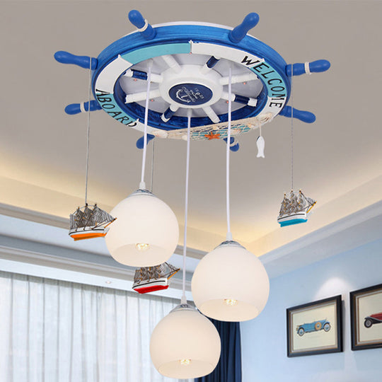 Glass Rudder Pendant Light - 3-Bulb Ceiling For Kids Room Cream/Dark Blue
