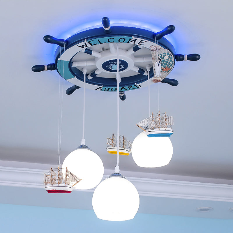 Glass Rudder Pendant Light - 3-Bulb Ceiling For Kids Room Cream/Dark Blue Dark