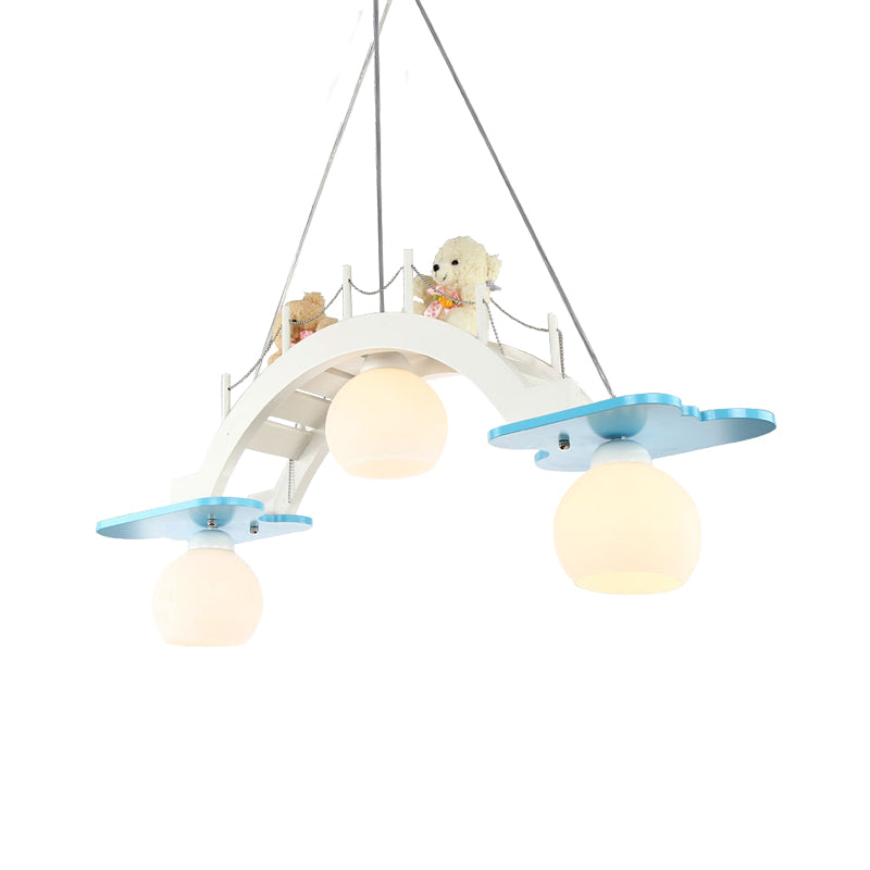 Wooden Kids Pendant Lamp With 3 Blue/Pink Heads And Cream Glass Shade - Bridge Nursery Cluster Blue