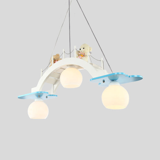 Wooden Kids Pendant Lamp With 3 Blue/Pink Heads And Cream Glass Shade - Bridge Nursery Cluster