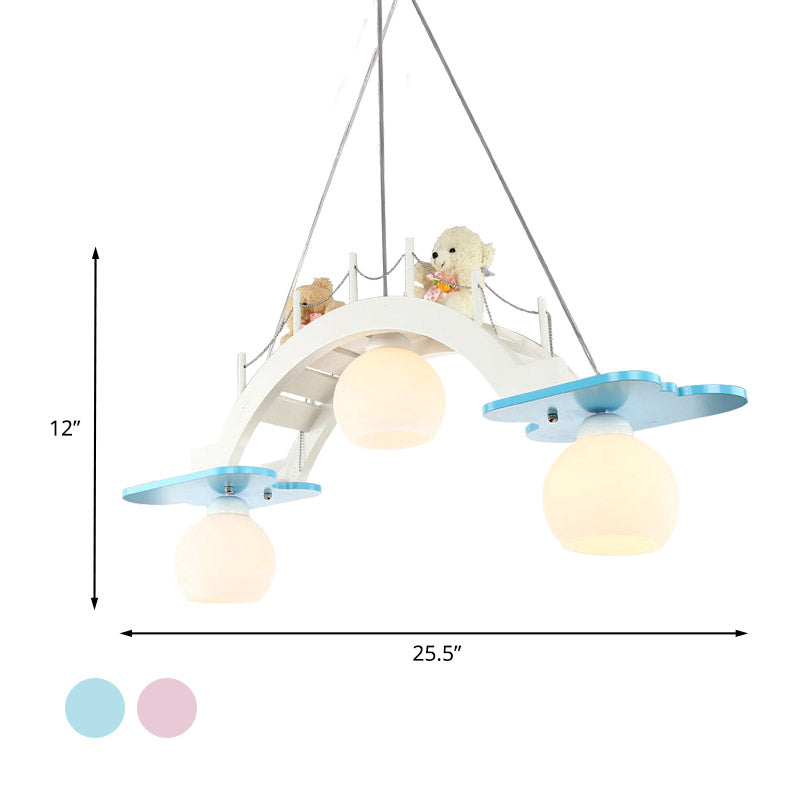 Wooden Kids Pendant Lamp With 3 Blue/Pink Heads And Cream Glass Shade - Bridge Nursery Cluster