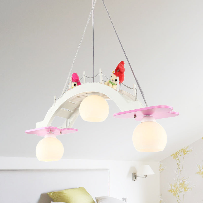 Wooden Kids Pendant Lamp With 3 Blue/Pink Heads And Cream Glass Shade - Bridge Nursery Cluster