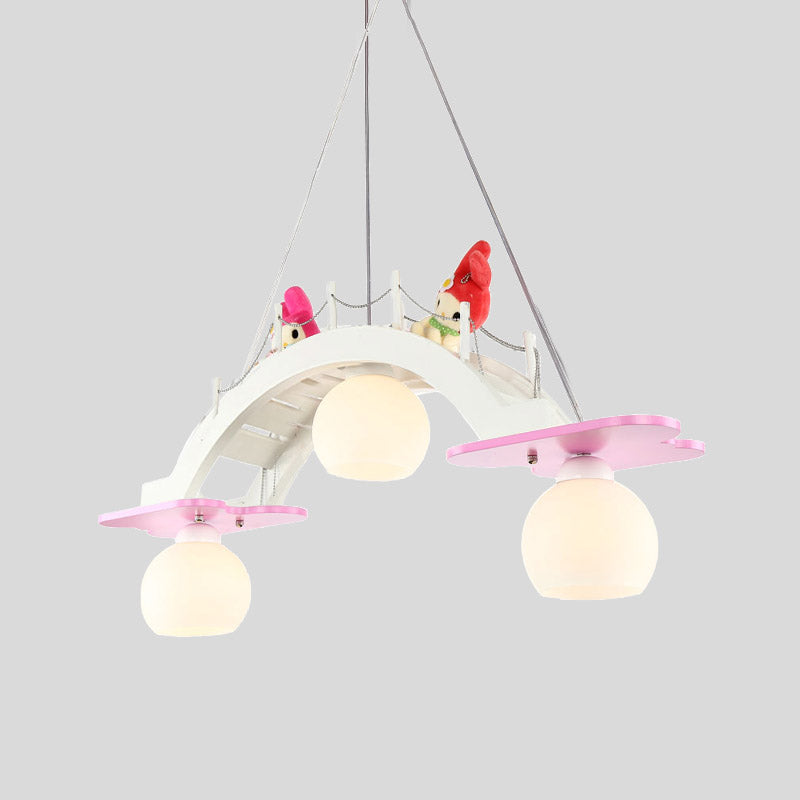 Wooden Kids Pendant Lamp With 3 Blue/Pink Heads And Cream Glass Shade - Bridge Nursery Cluster Pink