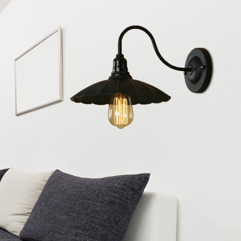 Industrial Metal Gooseneck Wall Sconce With Scalloped Shade And 1 Bulb In Black 10/13 Diameter / 10