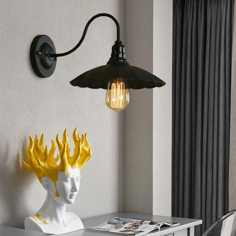 Industrial Metal Gooseneck Wall Sconce With Scalloped Shade And 1 Bulb In Black 10/13 Diameter
